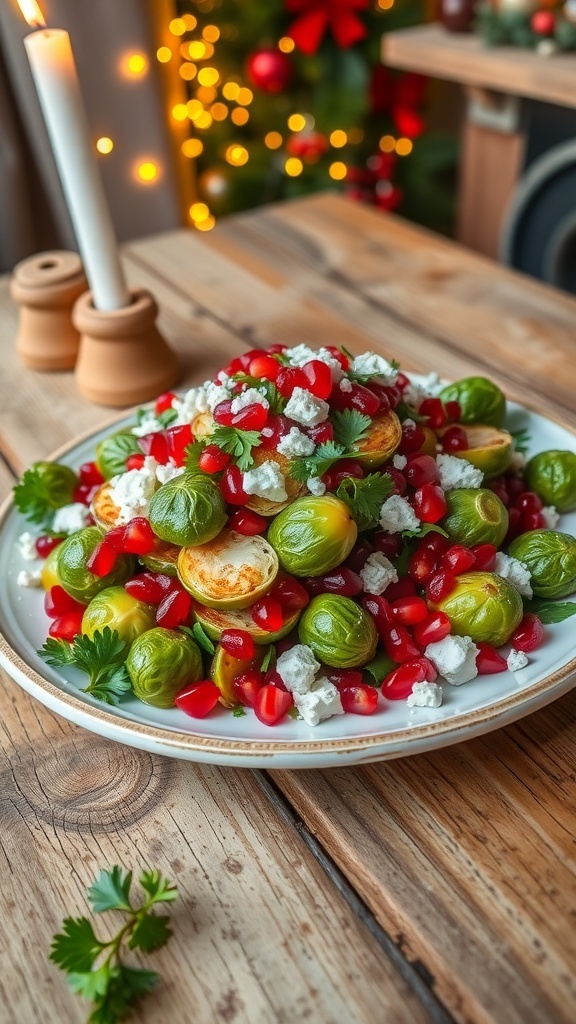 A colorful Christmas salad with Brussels sprouts, pomegranate seeds, walnuts, and feta cheese, garnished with parsley on a rustic table.